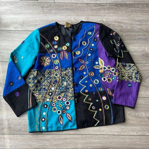 Vintage Bellessa Art Abstract Embroidery  Patchwork Colourblock Jacket - Picture 4 of 14